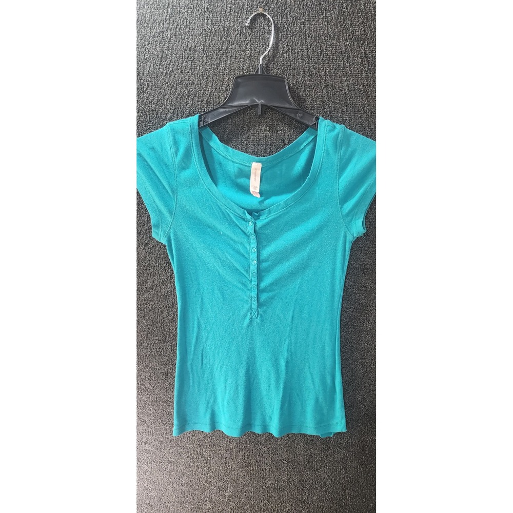 No Boundaries Womens Henley Top Short Sleeve Deep Aqua Teal NJ33T101HH Small